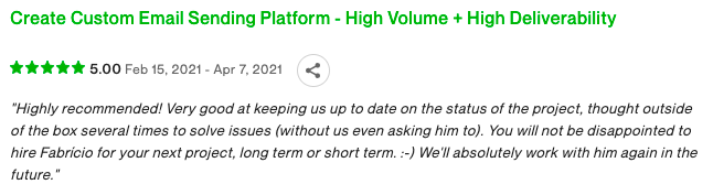 "Highly recommended! Very good at keeping us up to date on the status of the project, thought outside of the box several times to solve issues (without us even asking him to). You will not be disappointed to hire Fabrício for your next project, long term or short term. :-) We'll absolutely work with him again in the future."